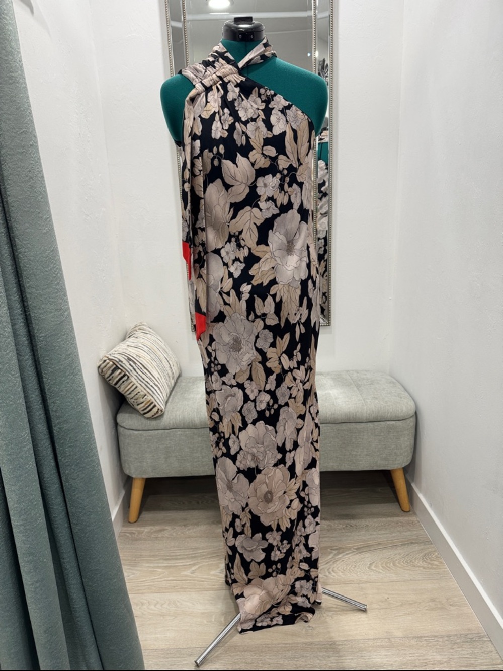 Mango Black Floral One-Shoulder Maxi Dress with Beige Bloom Print